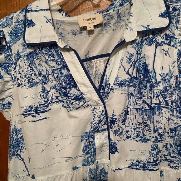 Plus Size Umgee Blue and White Toile Print Tiered Dress - Picture 2 of 6